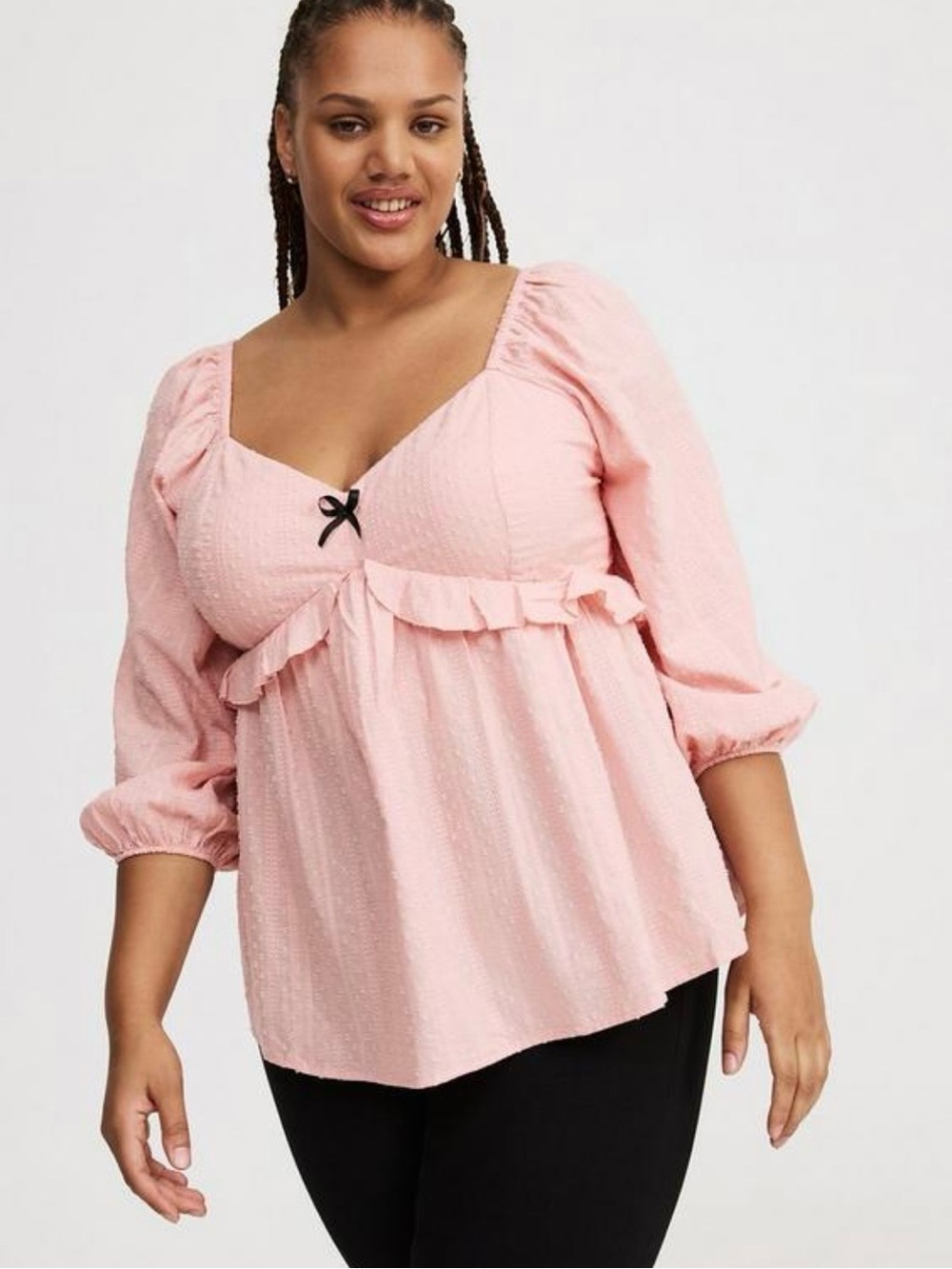Pink V-neck Peplum Babydoll Top with Puff Sleeves